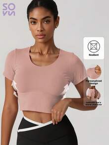 Soyun 女士无缝瑜伽上衣，裸色触感，带衬垫胸罩，适合户外瑜伽 - 粉色 - 查看 4