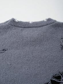 男女皆宜的哥特风复古字母嵌花图案宽松休闲圆领插肩长袖套头毛衣，秋冬季时尚之选 - 灰色 - 查看 9