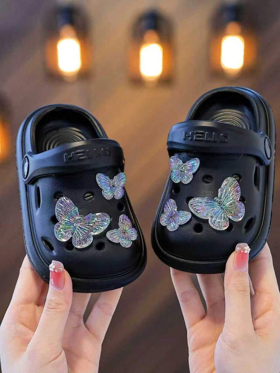 HAHABOBO 1 Pair Kids Cute Black EVA Clogs, Adjustable Heel Strap Anti-Slip Sandals, With 3D Shiny Butterfly Decoration, Breathable Summer Beach Pool Shoes, Girls Style - Black - View 1
