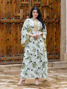 Elegant Women's Long Sleeve V-Neck Arabic Dress, Made Of Woven Fabric With Tie Waist And Slit Details - Green - View 2