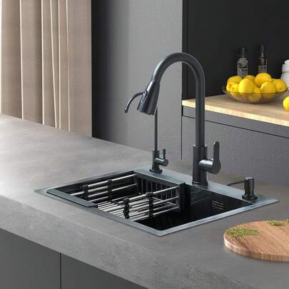Fregadero de cocina de acero inoxidable negro de 55*45 cm con grifo extraíble, cubeta única, montaje bajo encimera/sobre encimera, barra y accesorios completos.