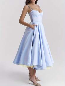 Elegant Off-Shoulder Princess Gown For Women - Light Blue Double-Layer Tulle Skirt, Ruffled Sleeves, A-Line Silhouette, Perfect For Spring/Summer Weddings And Formal Events, Princess Dresses For Bride, Wedding Guest Attire, Sophisticated Craftsmanship - Light Blue - 查看 6