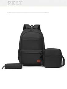 新款大容量简约初中双肩背包韩版书包大学生电脑休闲背包三件套组合包 - 黑色 - 查看 8