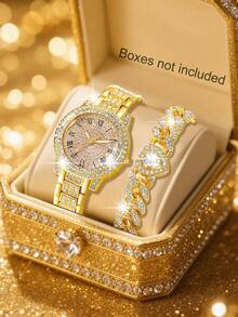 女士手表套装，时尚优雅圆形石英表，镶嵌水钻，配有同款手链，适合日常佩戴，生日礼物（不含礼盒） - 金色 - 查看 3