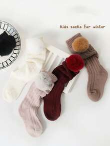 1 Pair Thick Warm Fuzzy Ball Mid-Calf Socks, Autumn/Winter