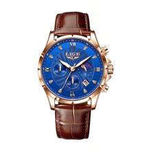 LIGE Casual Men's Three-Eye Quartz Watch Waterproof Luminous Electronic Moon Phase Multifunctional Calendar Watch Gift-Giving Choice