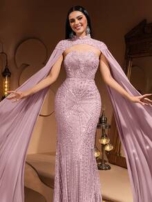 New Luxury High-End Elegant Women's Mermaid Tail Lace Patchwork Chiffon Flare Sleeve Floor-Length Dress, Suitable For Formal Evening Parties, Galas, Weddings, Red Carpet Events, Bridal Gowns, For Valentine's Day - 淺粉色 - 查看 3