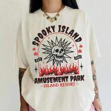 Spooky Island Amusement Park T-Shirt, Retro 2000s Halloween Movie Shirt, Disco Skull, Summer Spooky T-Shirt, 90s Nostalgia Halloween Tee For Halloween-Motion Tee - 黑色 - 查看 2