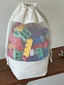 1个大容量物品抽绳收纳袋积木收纳桶网状玩具整理桶帆布书籍整理桶便携式游泳洗漱袋多功能物品收纳袋带提手轻便拼图收纳袋毛绒玩具收纳抽绳袋大号日常洗衣篮儿童物品收纳桶 - 米色 - 查看 6
