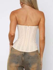 Women's Vintage Strapless Corset Tops Zip Back Boned Mesh Bustier Bodyshaper Tube Top - Màu be - Xem 5