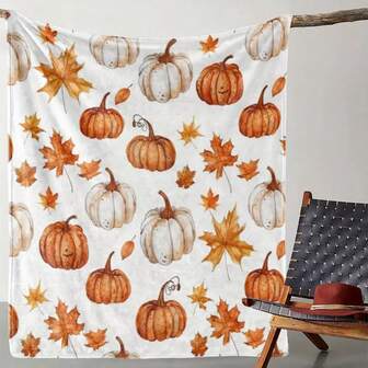 1 pieza Manta de franela suave con estampado vintage de calabaza de otoño y hoja de arce, cálida y cómoda, de uso en múltiples estaciones y propósitos, de poliéster con impresión digital, adecuada para sofá, cama, coche, oficina, camping, viaje, regalo