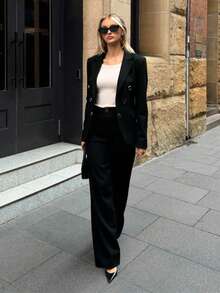 Zalla Blazer And Palazzo Pants Set With Lining And Decorative Button - Black - View 1
