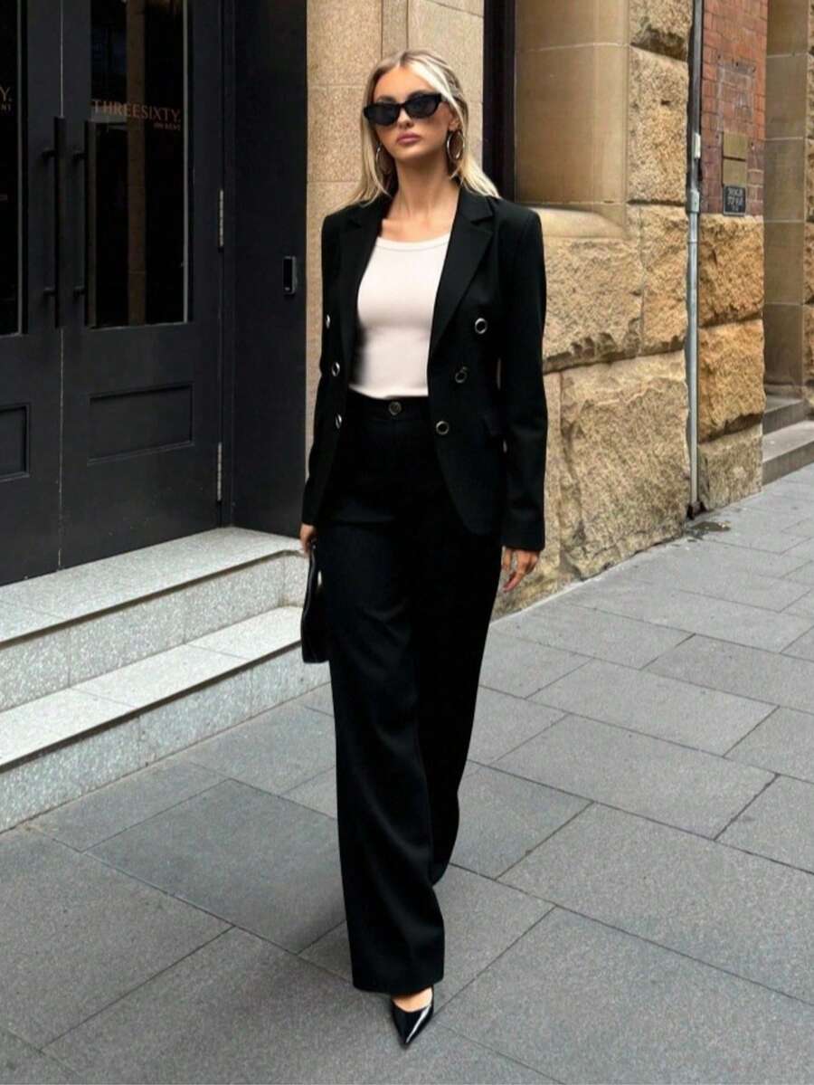 Zalla Blazer And Palazzo Pants Set With Lining And Decorative Button - Black - View 1