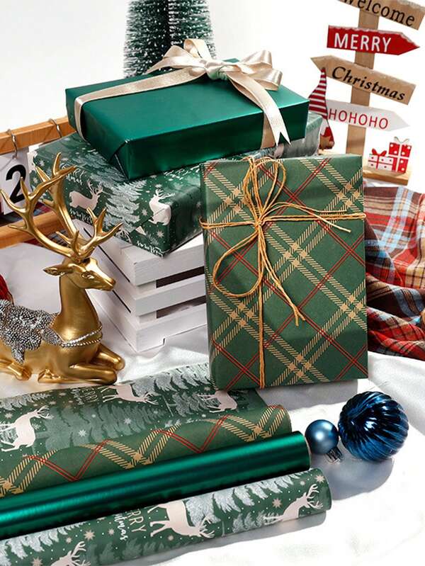 [Christmas Gift Wrapping Paper] New High-End Green And Gold DIY Gift Paper, Snowflake And Elk Pattern Gift Wrapping, Christmas Tree Window Scene Arrangement, High-Gloss Coated Gift Bags, Packing Paper, Suitable For Christmas/Party/Gift Giving