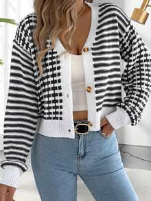 Women's Sweater Button Down Fall Cardigan Lantern Long Sleeve V Neck Knitted Jacket