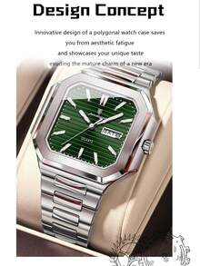 POEDAGAR Luxury Square Stainless Steel Date Day Quartz Wristwatch, Business Waterproof Luminous Men's Watch, Casual Men's Wristwatch, Suitable For Daily Occasions, Men's Birthday Gift