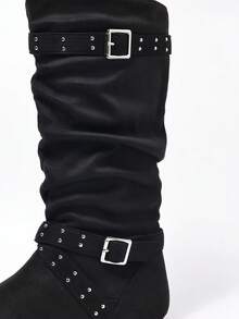 Black Multi-Strap Rivet Punk Pleated Soft Flat Round Toe Versatile Commute Daily Office Casual Holiday Music Festival Fashion Mid-Calf Boots For Women - Black - View 3