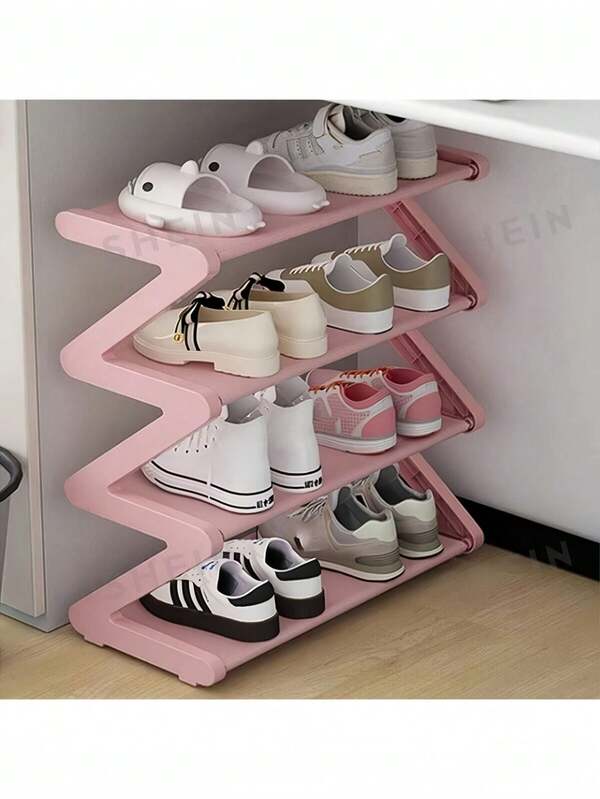 1 Stück vierstöckiges großes Z-förmiges Schuhregal, einfach ohne Werkzeuge zusammenzubauen, rosa Kunststoff stapelbarer Aufbewahrungsorganizer, geeignet für Zuhause, Wohnheim und Wohnzimmer, platzsparendes Bodendesign, Schuhaufbewahrungsorganizer