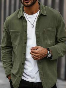 Casual Solid Color Button-Up Long Sleeve Men's Shacket With Pockets