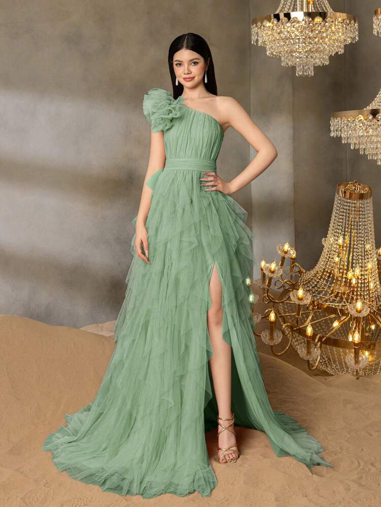 ALISA&LEO 少女单肩晚礼服，带荷叶边薄纱层和花卉装饰 - 适合毕业舞会、学校活动和青春庆典的正式礼服 - 綠色 - 查看 3