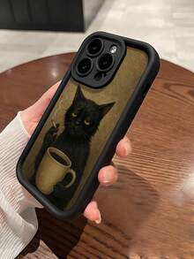 1 件忧郁猫咪插画印花黑色 TPU 磨砂防滑表面手机壳，适用于 11/12/13/14/15/16 Pro Max 和 - 彩色 - 查看 3