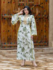 Elegant Women's Long Sleeve V-Neck Arabic Dress, Made Of Woven Fabric With Tie Waist And Slit Details - Green - View 5