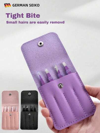 4 件套皮套 4 对不锈钢眉毛镊子套装，专业美容工具 - 精准修眉/睫毛修饰/面部毛发/美甲，小巧便携，适合沙龙/家庭使用（紫色/粉色/黑色），非常适合圣诞节美容礼物和旅行，非常适合化妆爱好者、沙龙技师和节日购物者