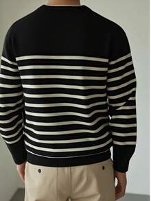 男士条纹圆领黑色针织毛衣，长袖，秋冬 - 黑色 - 查看 4