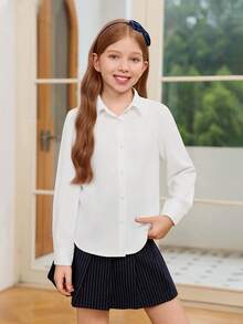 Adolescent Long Sleeve Button Down Shirt - School Uniform Dress Shirt - White - View 3