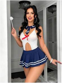 DelicateAllure 3pcs Student Open Crotch Contrast Color Navy Collar Tie Bodysuit With Short Pleated Skirt,Bow Decor,Mesh Skirt Hem,Frill Trim,Sexy Bodysuit For Women - trắng - Xem 2