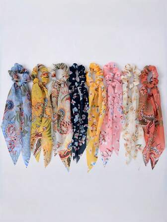 4 件/8 件优雅花卉雪纺发圈，柔软面料优雅女士发饰，适合马尾辫、发髻发型、日常佩戴、波西米亚优雅、发圈、发圈、运动