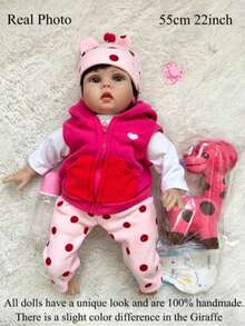 22 Zoll realistische Neugeborene-Puppe, rosa Giraffe-Gestalt - weiche Vinyl-Gliedmaßen und Stoffkörper, ausdrucksreiches Herz-Gesicht, Simulation von hellbeige Muskeln, Kleidung - Ideales Weihnachtsgeschenk für Mädchen (55 cm) - mischen - Übersicht 2