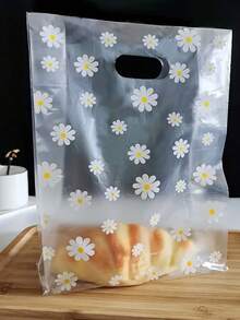 50pcs White Daisy Frosted Reusable Gift Packaging Bags With Handles, Transparent Bakery Takeout Bags - Clear - View 2