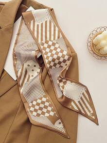 5件套卡其色真丝围巾和花卉图案发带，百搭优雅发饰，适合日常和度假佩戴，女士柔软发带，瑜伽发带，高贵围巾 - 彩色 - 查看 4