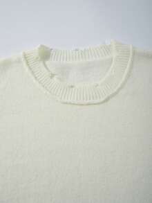 ANDREILEE 秋冬新款男女通用破洞流苏休闲宽松美式针织套头毛衣，长袖 - 杏色 - 查看 4