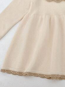 Autumn New Baby Girl Knitted Long Sleeve Dress, Elegant Floral Ruffled Princess Sweater Dress - Apricot - View 4