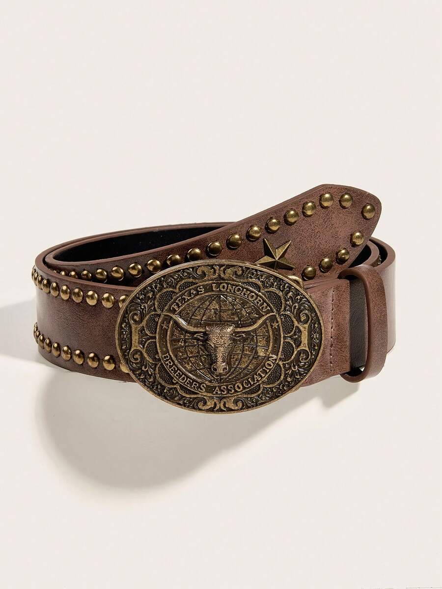 1pc Women's New Black Bull Street PU (Polyurethane) Waist Belt, Handmade Embossed PU Outerwear Dress, Versatile Western Style Suitable For Daily Use - Brown - View 1