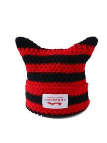 1pc Women's Fashion Striped Ear Decor Distressed Fabric Tag Knit Hat, Warm For Autumn/Winter Outfits - Multicolor - View 17