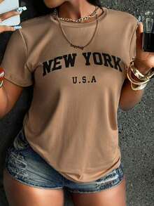 2026 Women's ClothesWomen's Simple Printed Round Neck Short Sleeve Basic T-Shirt Graphic Tees Women TopsLoose And Comfortablesummer Shirts - 摩卡棕 - 查看 5