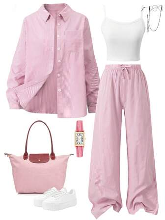 3pcs/Set Autumn New Teen Fashion Striped Shirt With Camisole And Straight Leg Pants Set