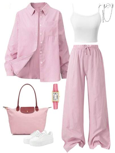 3pcs/Set Autumn New Teen Fashion Striped Shirt With Camisole And Straight Leg Pants Set