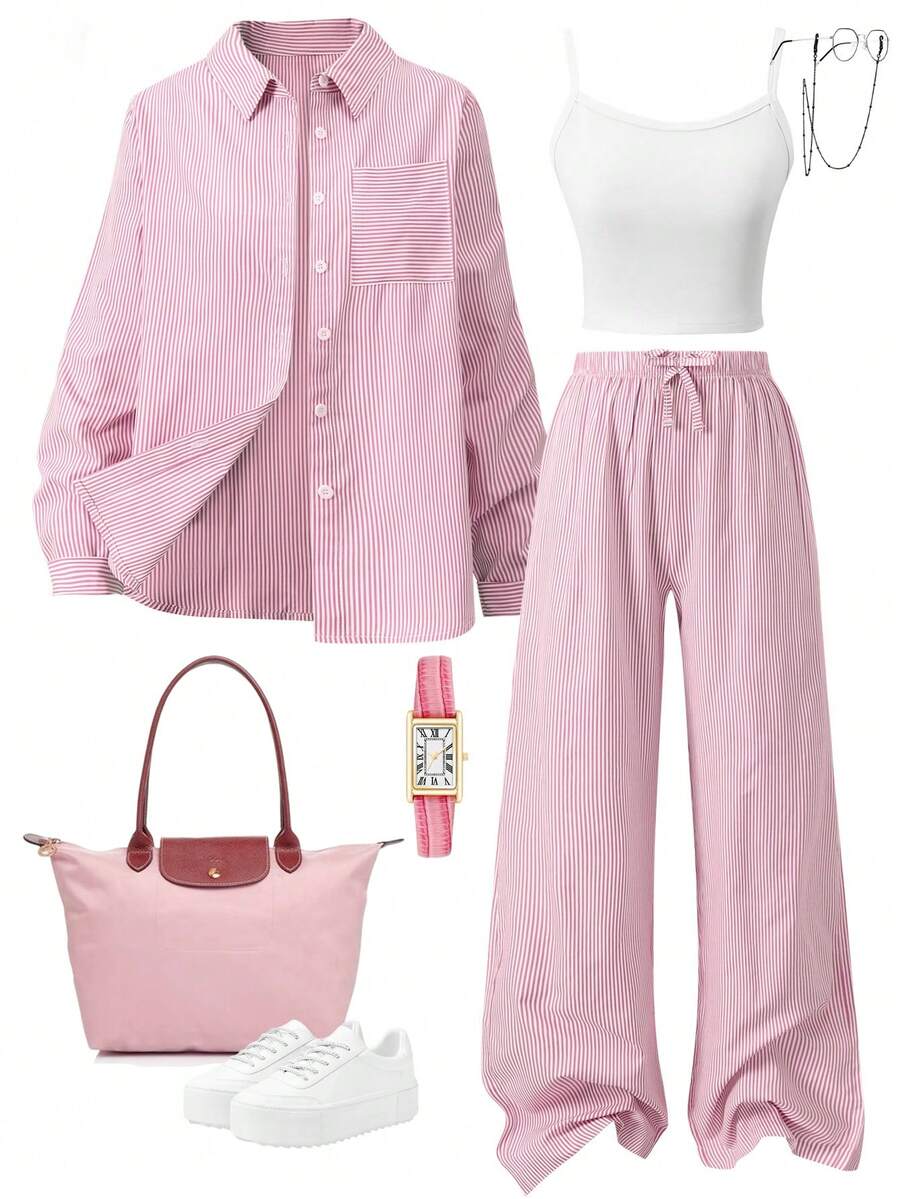 3pcs/Set Autumn New Teen Fashion Striped Shirt With Camisole And Straight Leg Pants Set