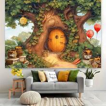 2D Flat Honey Pot & Treehouse Cartoon Backdrop Fabric, Dreamy Countryside Forest Birthday Party Banner, Living Room Decor, Studio Photography, Happy Birthday Elements Background, Suitable For Indoor/Outdoor Party, Photography, Home Decor, Garage Door Display, No Electricity Required, Birthday Party Decoration - Yellow - View 5