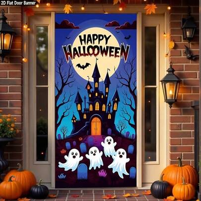 2D 门横幅，1 件大型万圣节门装饰横幅 - 万圣节快乐派对装饰，带有闹鬼城堡、飞翔的幽灵、满月、蝙蝠 - 室内/室外悬挂横幅，适合家庭、门、派对 - 无需电源，易于悬挂 - 耐用涤纶面料，非常适合万圣节、亡灵节、主题活动、节日家居装饰，高品质印刷，2D 平面设计