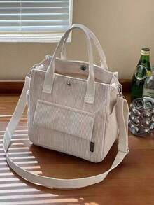 原创灯芯绒多口袋手提包/单肩包，简约多功能学生午餐包，大容量，拉链封口，休闲手提包，复古灯芯绒单肩包，大容量手提包，简约多功能学生背包，午餐包 - 彩色 - 查看 5