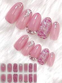 秋冬新款杏仁色指甲油，粉色大理石菱形网格美甲贴纸，3D立体粉色水钻14片装全甲贴花 - 彩色 - 查看 1