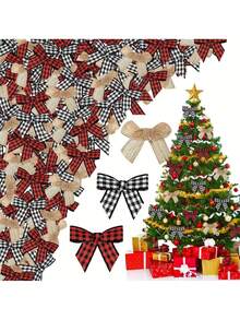 60 件迷你圣诞丝带蝴蝶结，白色、亚麻色和格子丝带蝴蝶结，冬季家居装饰，圣诞装饰，红色和黑色格子，农舍风格蝴蝶结装饰，派对用品，适用于冬季装饰、家居、墙壁和树木装饰，圣诞装饰 - 彩色 - 查看 7