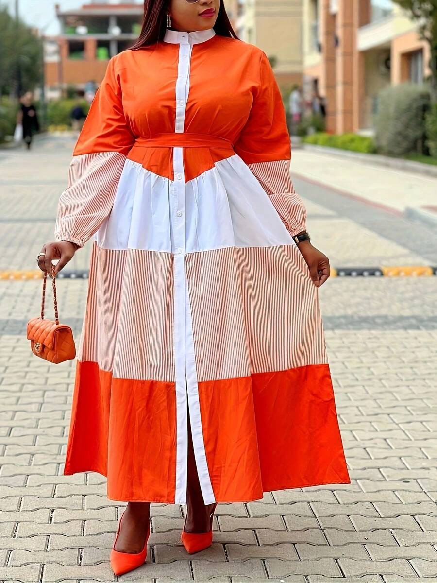 Plus Size Fashionable Women's Open-Collar Casual Dress Plus Size Dress - 桔色 - 查看 1