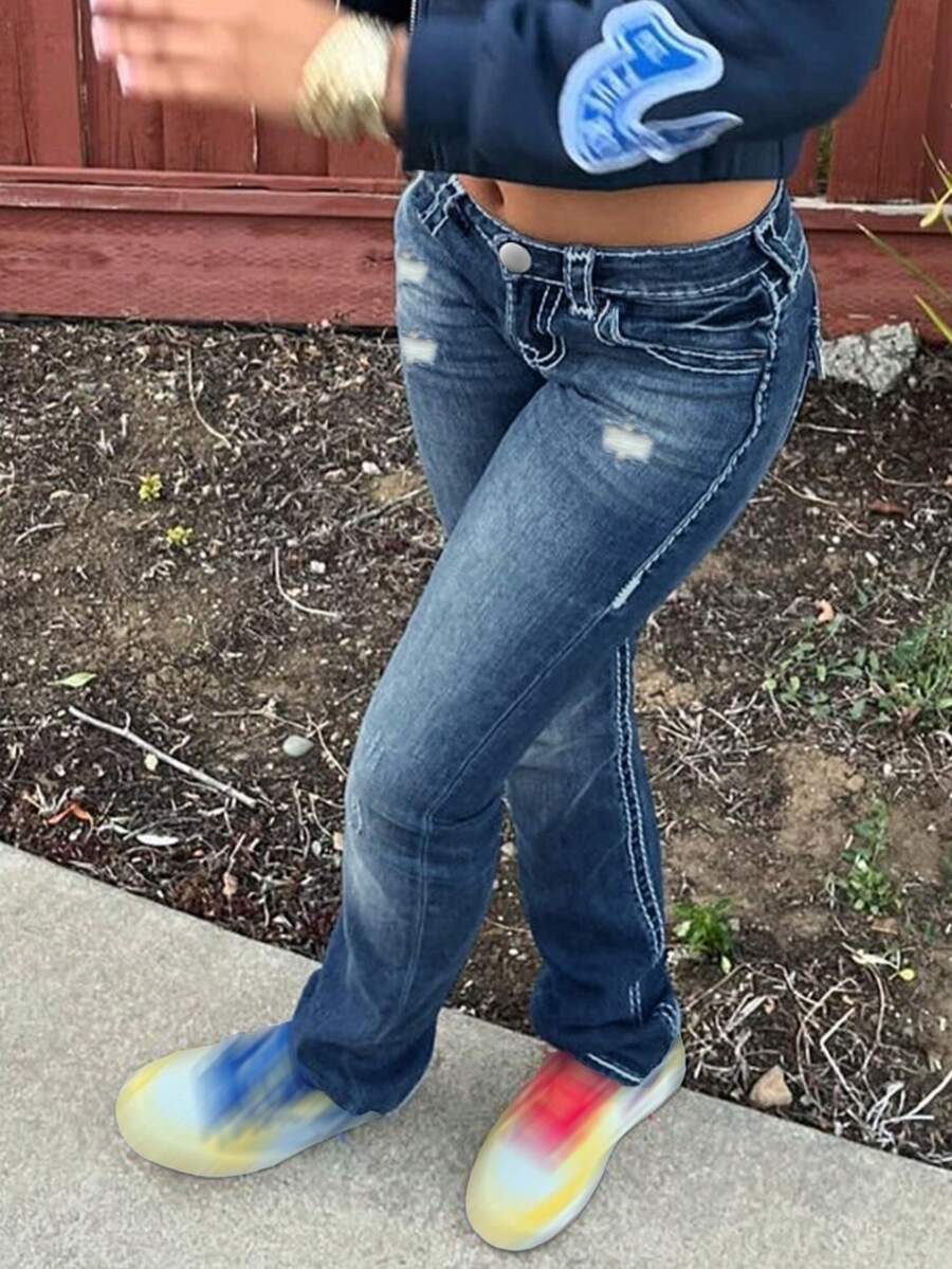 Retro Fitted Mid-Waist Washed Skinny Jeans, Casual, Fashionable, Minimalist, Versatile Women's Denim Pants - Dark Wash - View 1