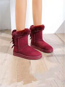 Damskie śniegowce w jednolitym kolorze z kokardką, z podszewką termiczną, ciepłe, krótkie śniegowce, modne, płaskie, miękkie, zimowe buty z puszystą podszewką, antypoślizgowe, wygodne, śniegowce w kolorze czerwonego wina, niebieskiego, czarnego, z futrzanymi butami - Burgund - Zobacz 4